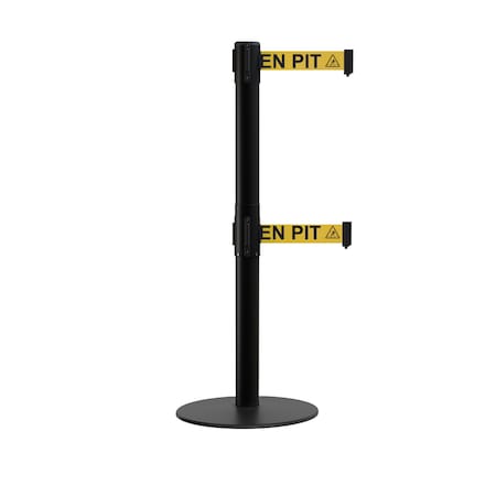 Montour Line Stanchion Dual Belt Barrier Flat Base Black Post 11ft.Open.Belt S400D-BK-BEWARYB-110
